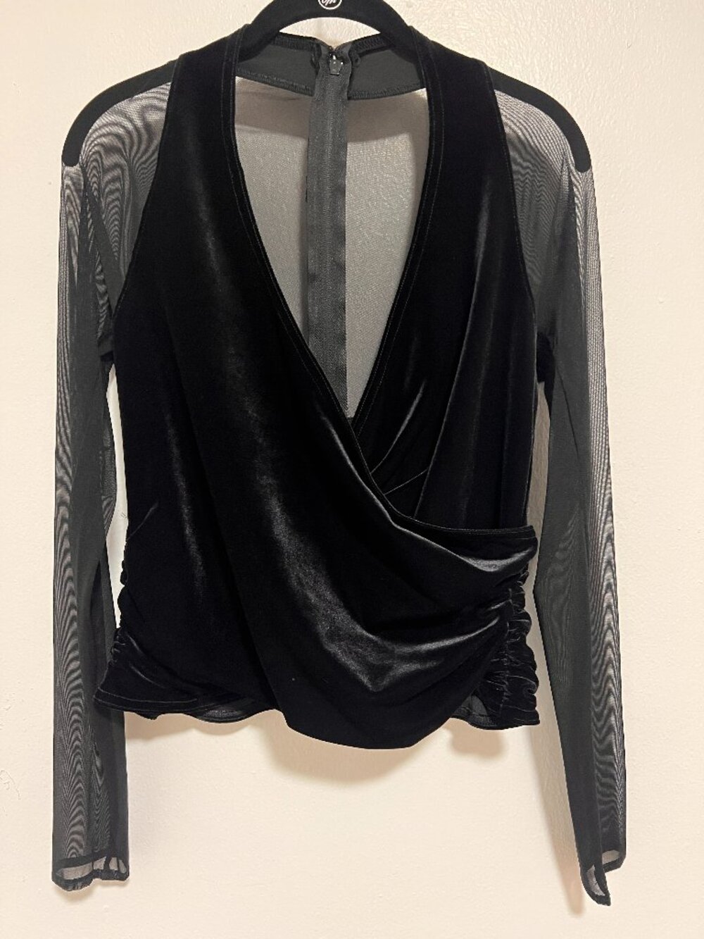 TADASHI black velvet & sheer sleeve cinched waist wrap top size L